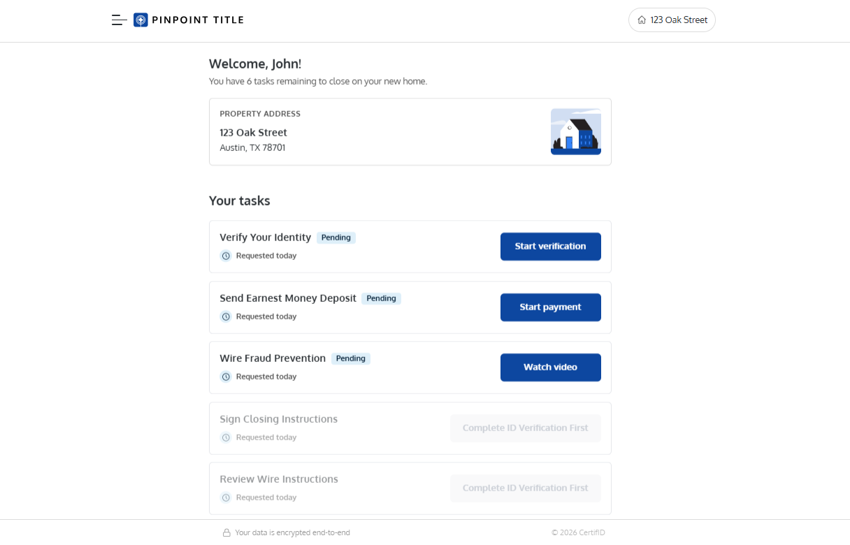 CertifID closing task dashboard showing a homebuyer's pending steps: identity verification, earnest money deposit, and wire fraud prevention, branded for Pinpoint Title.