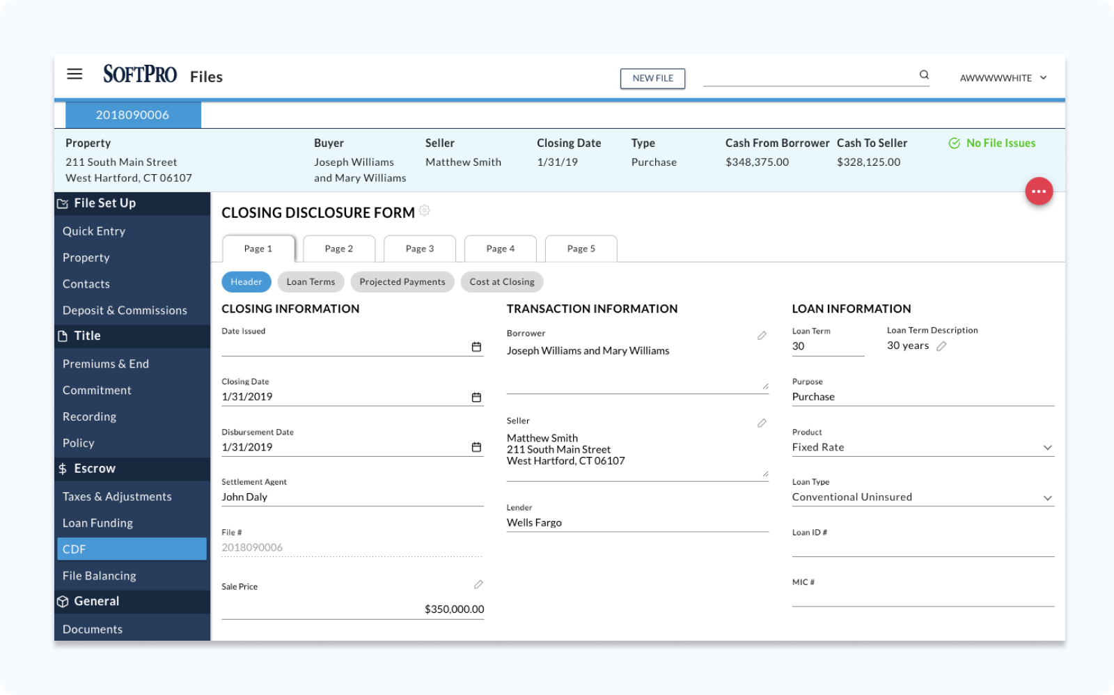 SoftPro closing software interface displaying property transaction details, buyer/seller information, and closing disclosure form