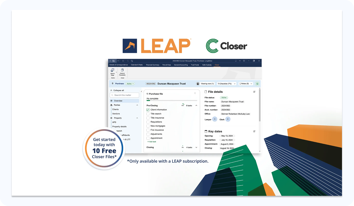 LEAP and Closer real estate closing software dashboard showing transaction management features for attorneys