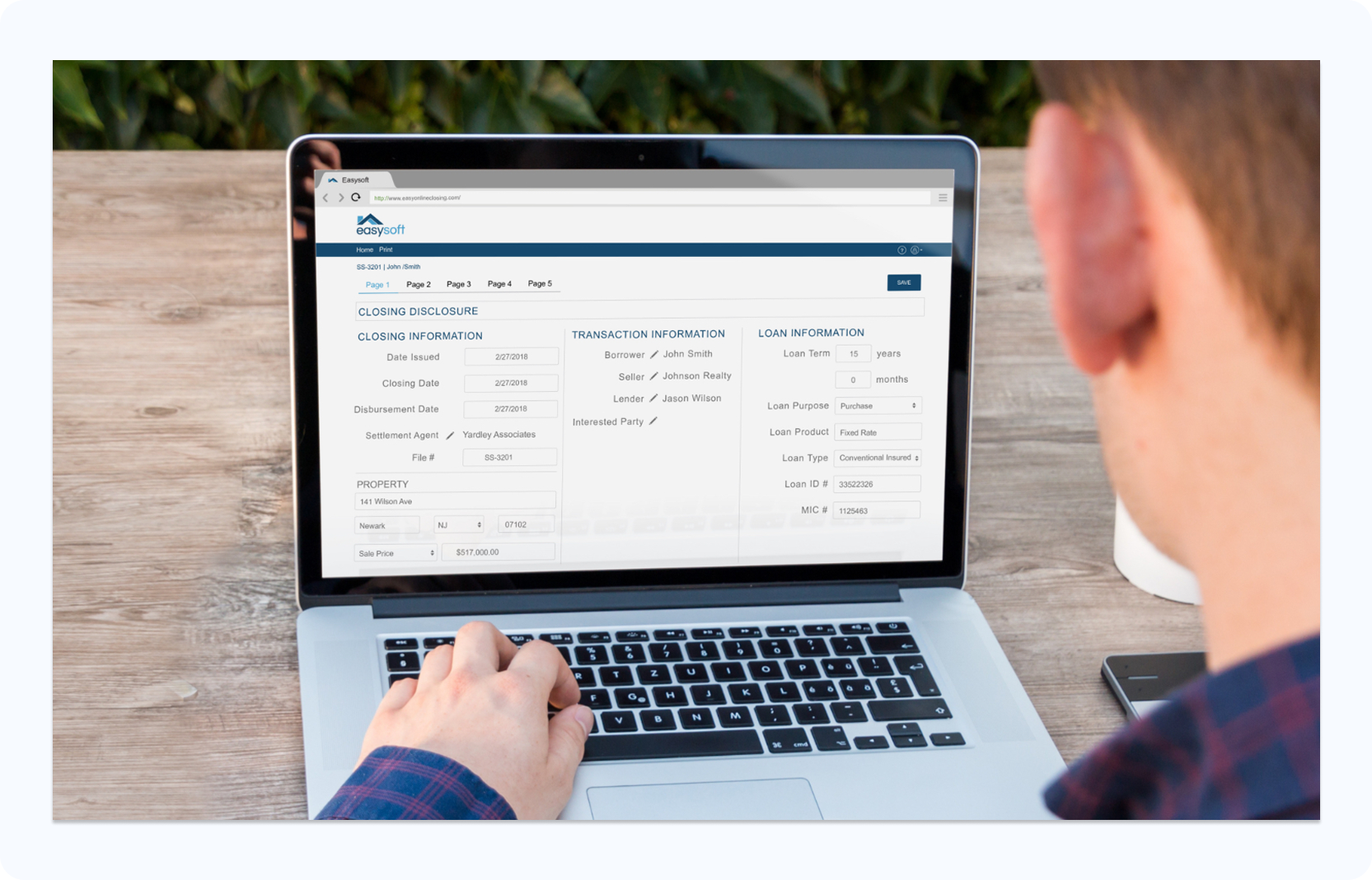 Easysoft closing disclosure form on laptop showing transaction information, loan details and settlement agent information