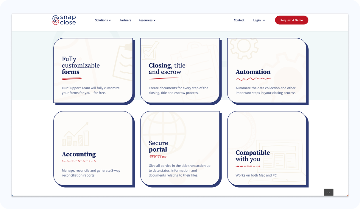 SnapClose real estate closing software website showcasing key features including customizable forms, escrow management and automation
