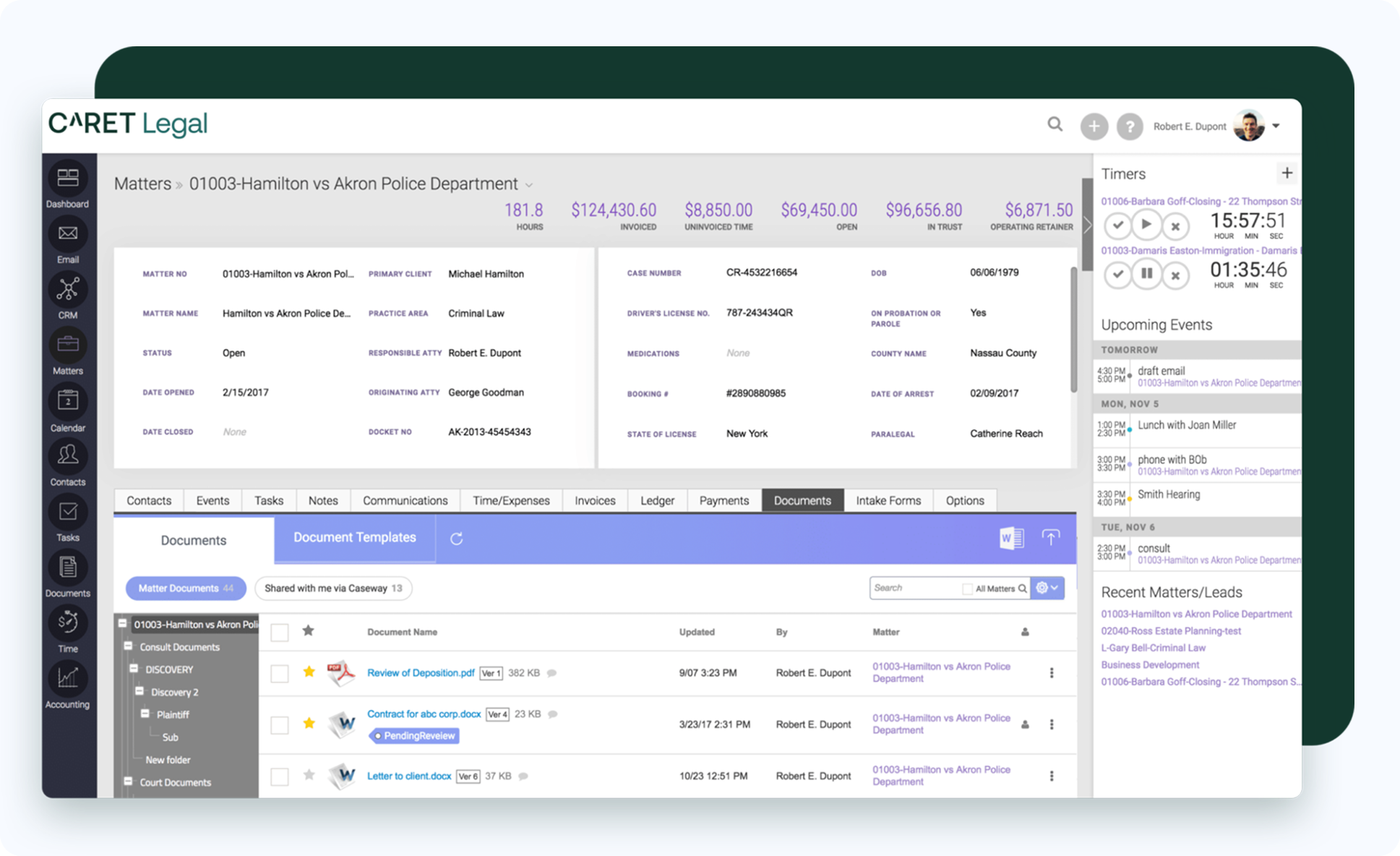 CARET Legal practice management software dashboard showing matter details, time tracking, and document management for attorneys