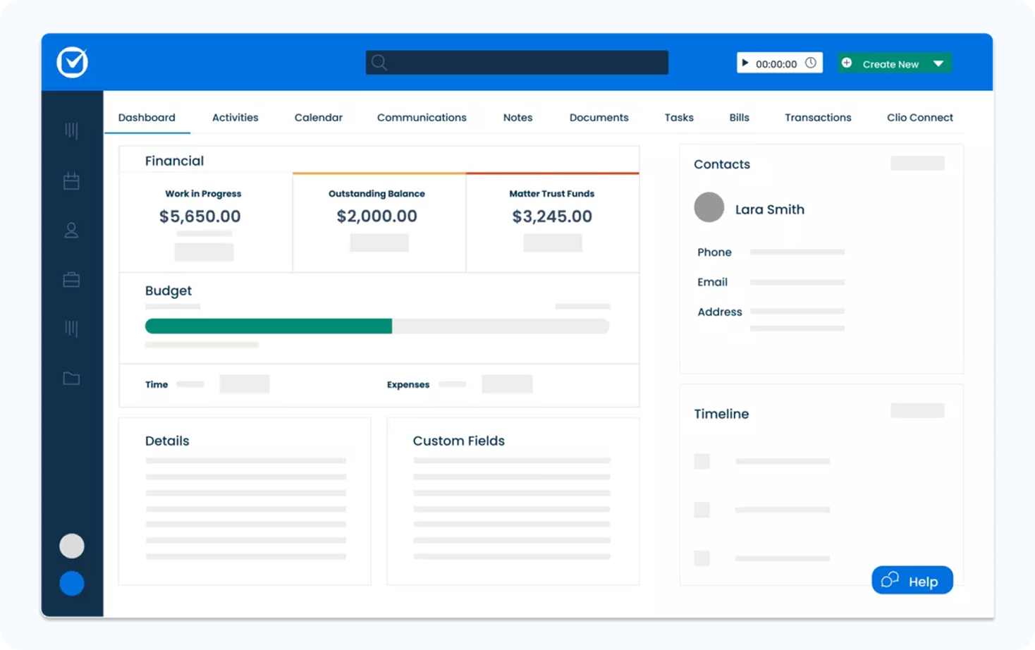 Clio law practice management software financial dashboard displaying trust funds, billing information and client details