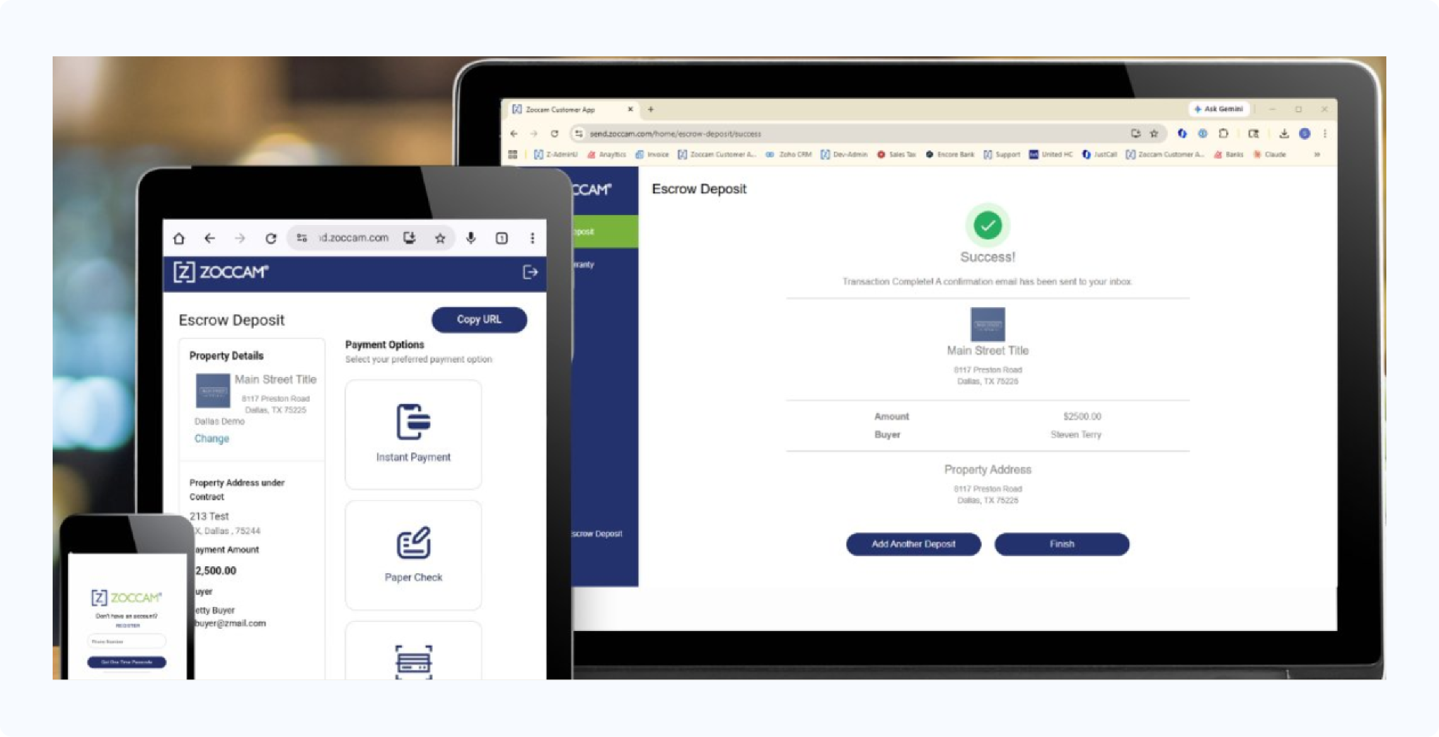 Zoccam escrow deposit interface across desktop, tablet, and mobile, showing a successful transaction confirmation.