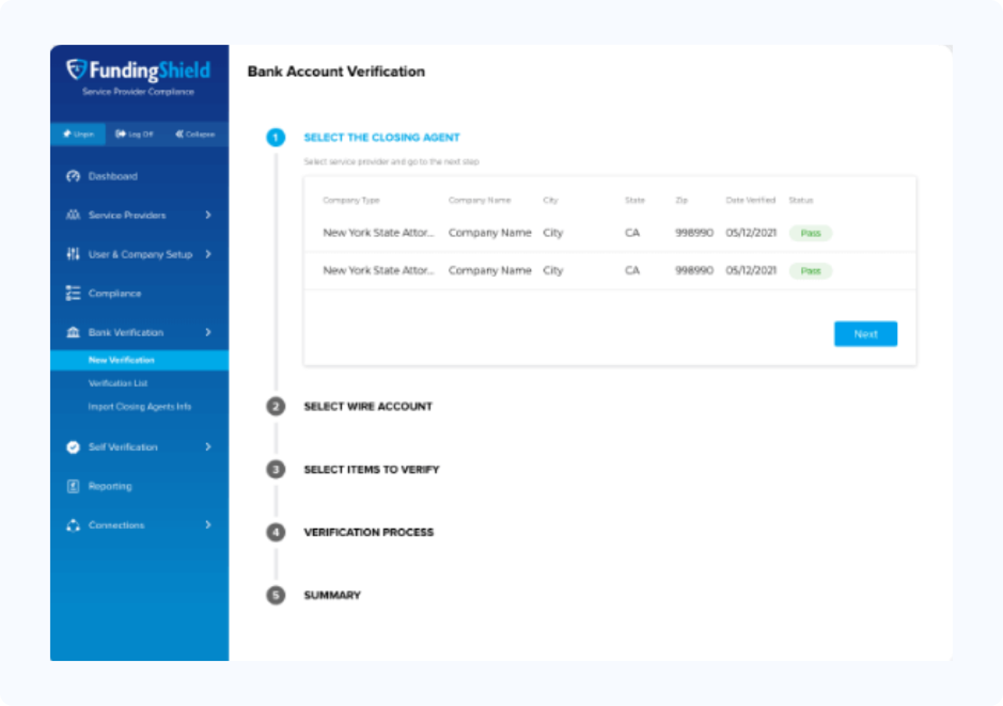 FundingShield bank account verification workflow showing the closing agent selection step.