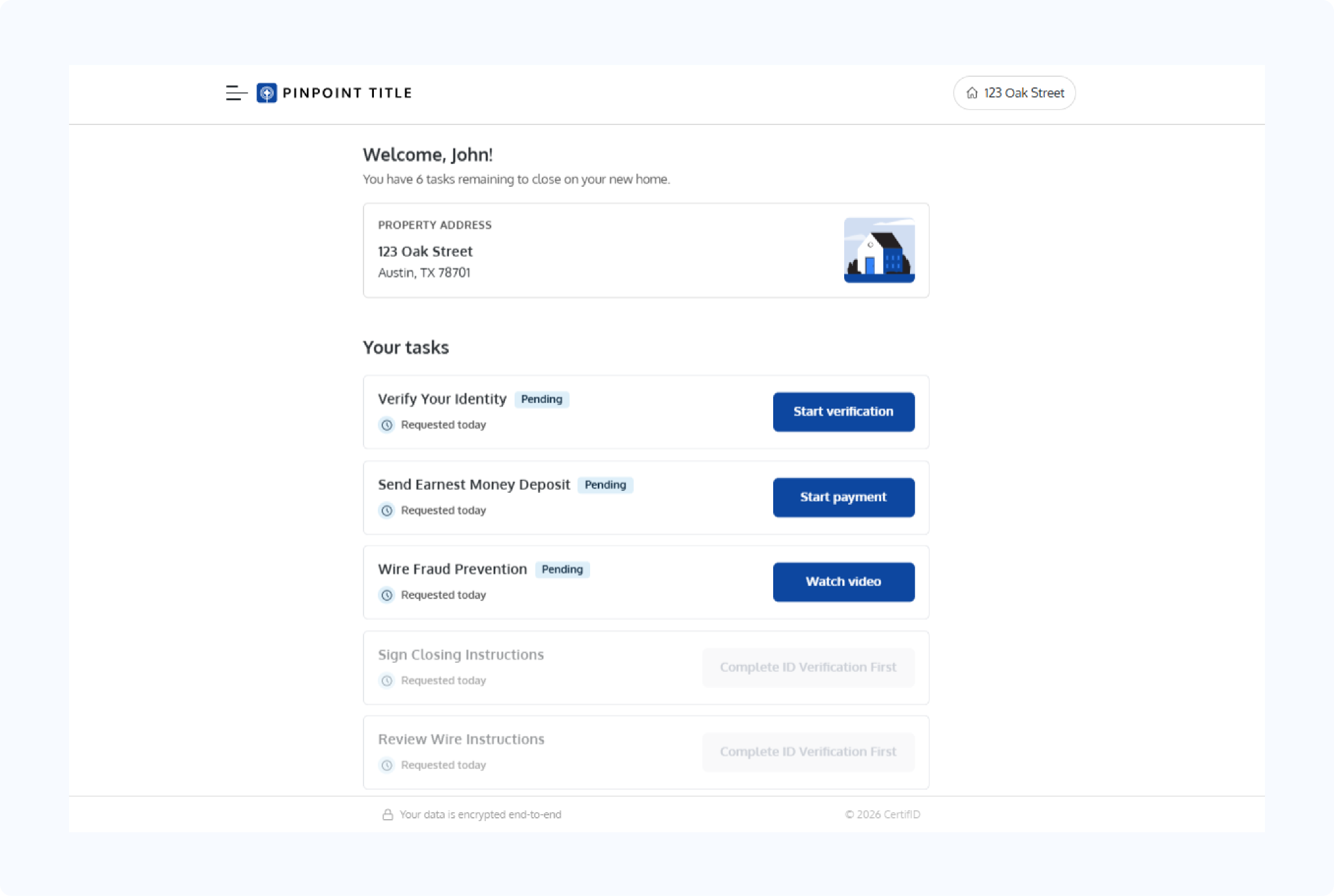 CertifID consumer portal showing a homebuyer's closing task list, including identity verification, earnest money deposit, and wire fraud prevention steps.