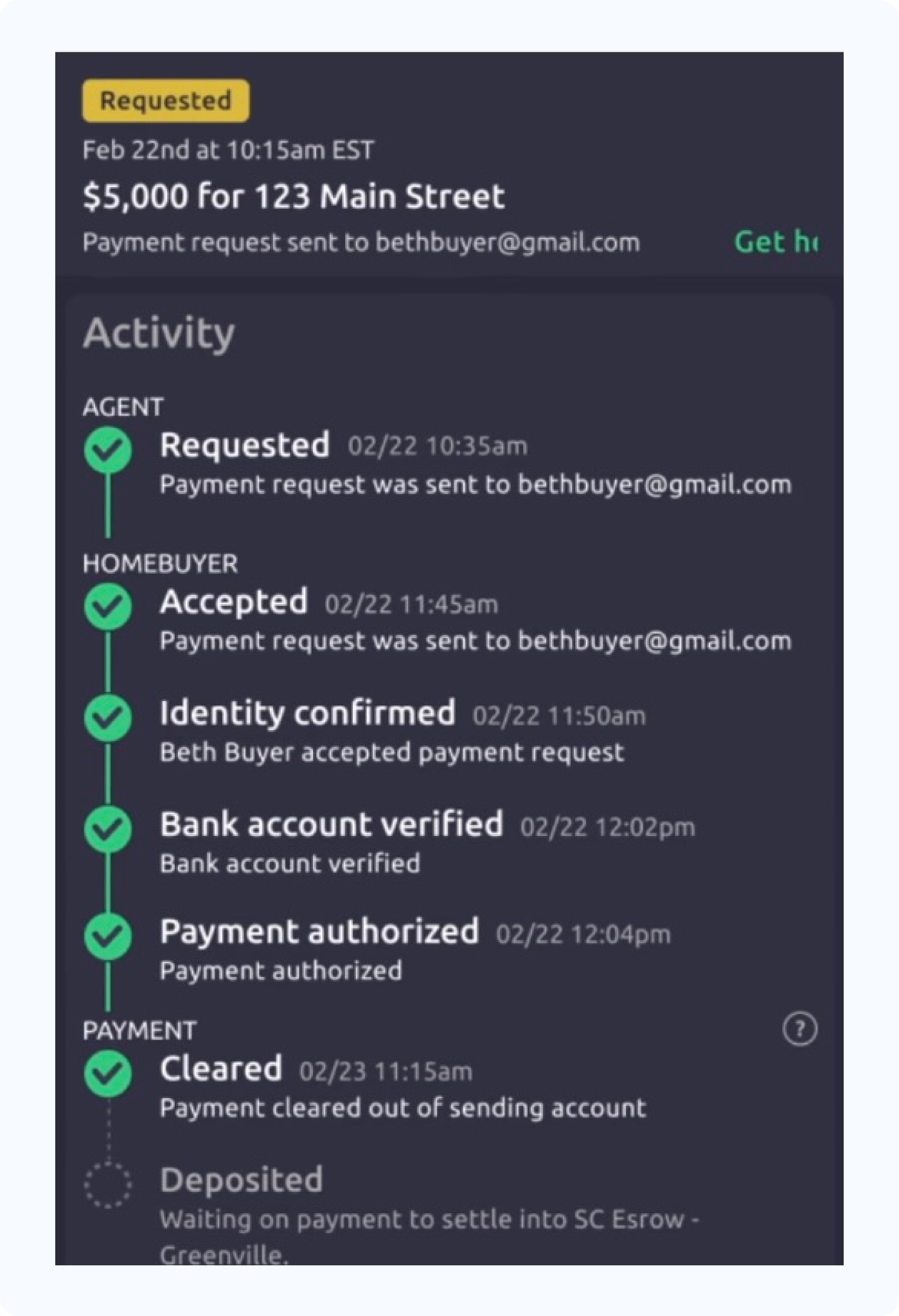 Earnest money deposit activity timeline showing payment requested, accepted, identity confirmed, bank account verified, and payment cleared.