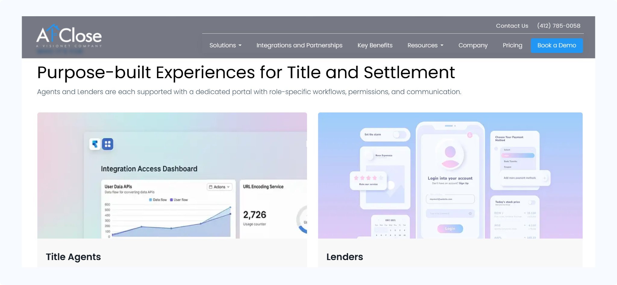 AtClose website showing separate portal experiences for title agents and lenders.