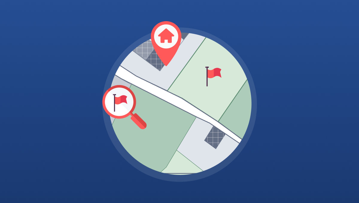 Illustration of a property map with a house location pin and a red flag marker, with a magnifying glass highlighting a second flagged location, representing red flags in real estate transactions.