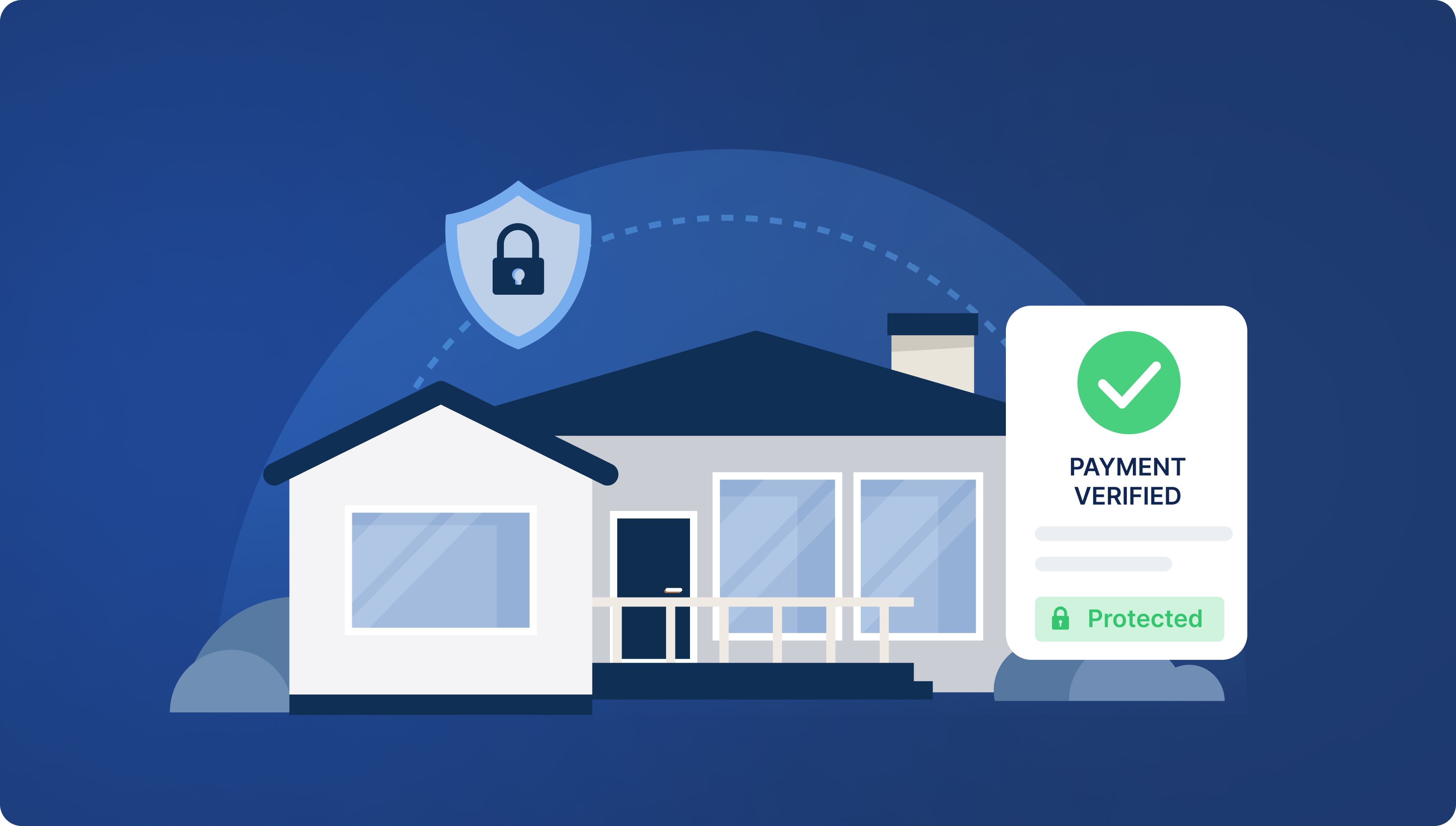 Illustration of a house connected by a dashed line to a security shield with a padlock icon and a "Payment Verified — Protected" confirmation card, representing secure verification of a real estate transaction