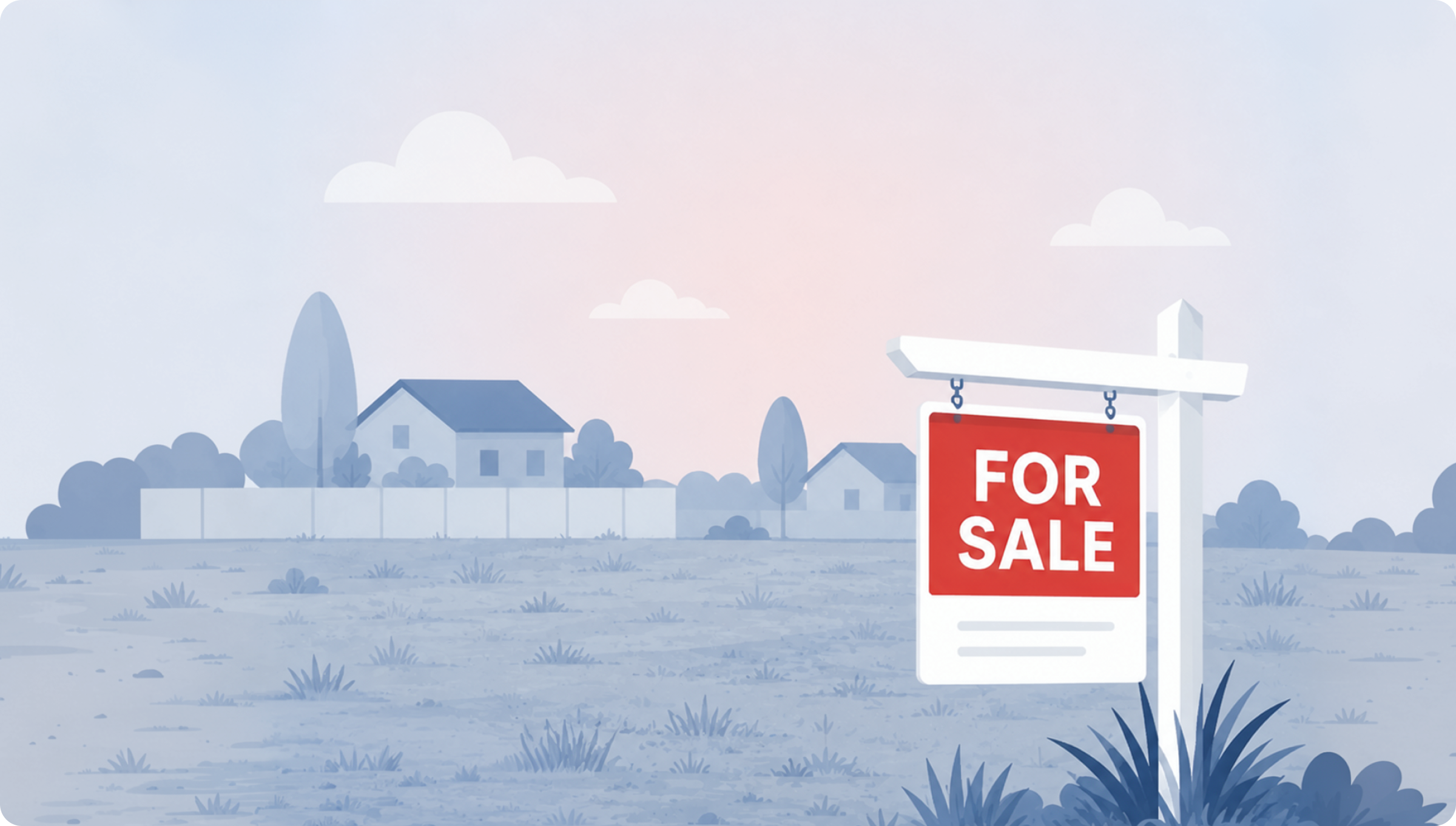 Illustration of a vacant lot with a "For Sale" sign in a residential neighborhood at dusk, with houses and trees in the background.