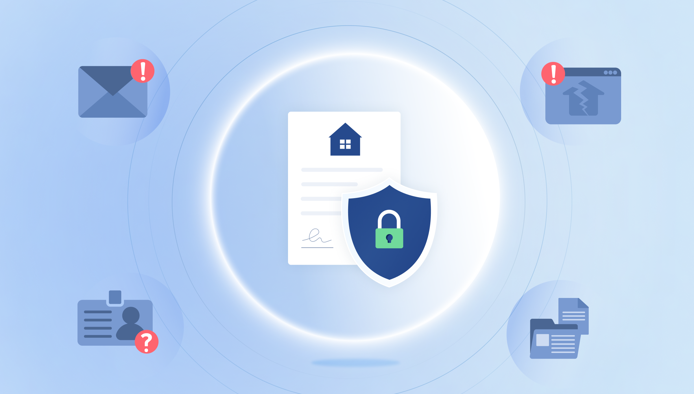 Illustration of a protected real estate closing document secured by a shield and padlock, surrounded by icons representing email fraud, fake websites, unverified identity, and document risks.