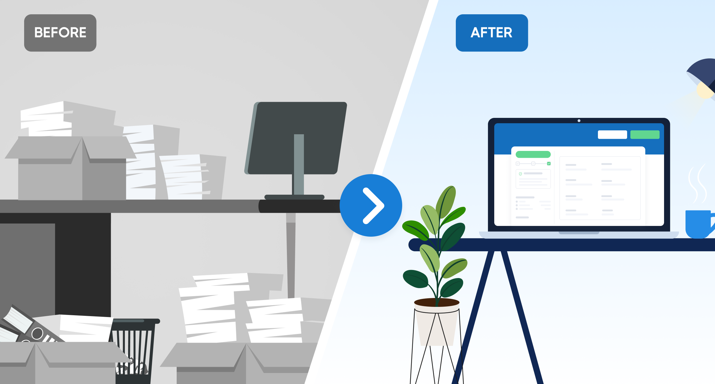 Before and after illustration showing a cluttered desk with stacks of paper files transformed into a clean, organized workspace with a laptop displaying title insurance software.