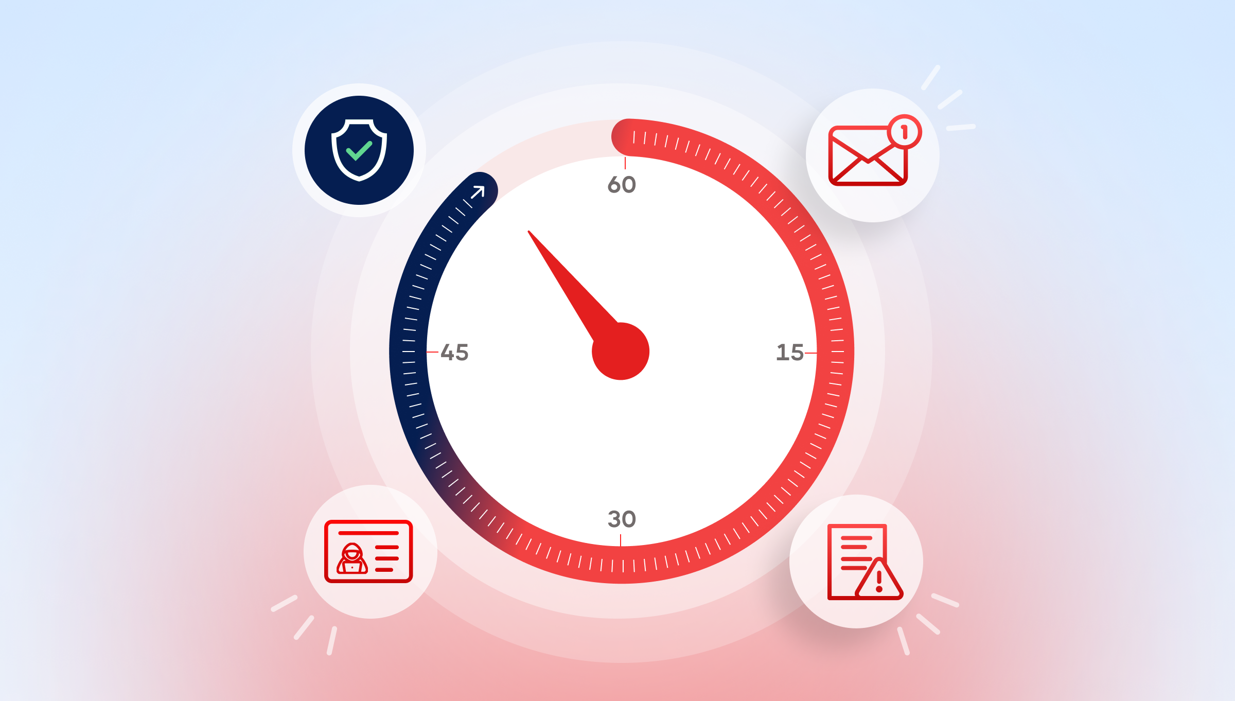 A stopwatch dial surrounded by icons for a suspicious email, a fraudster's ID, a flagged document, and a security shield, illustrating how quickly a fraud victim needs to act.