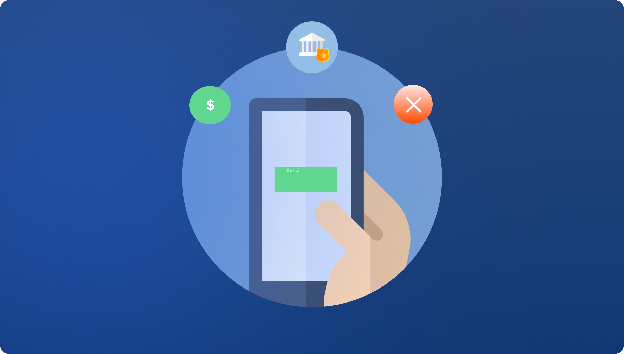 A hand tapping a green Send button on a phone, surrounded by a dollar icon, a bank building with a security badge, and a red X.