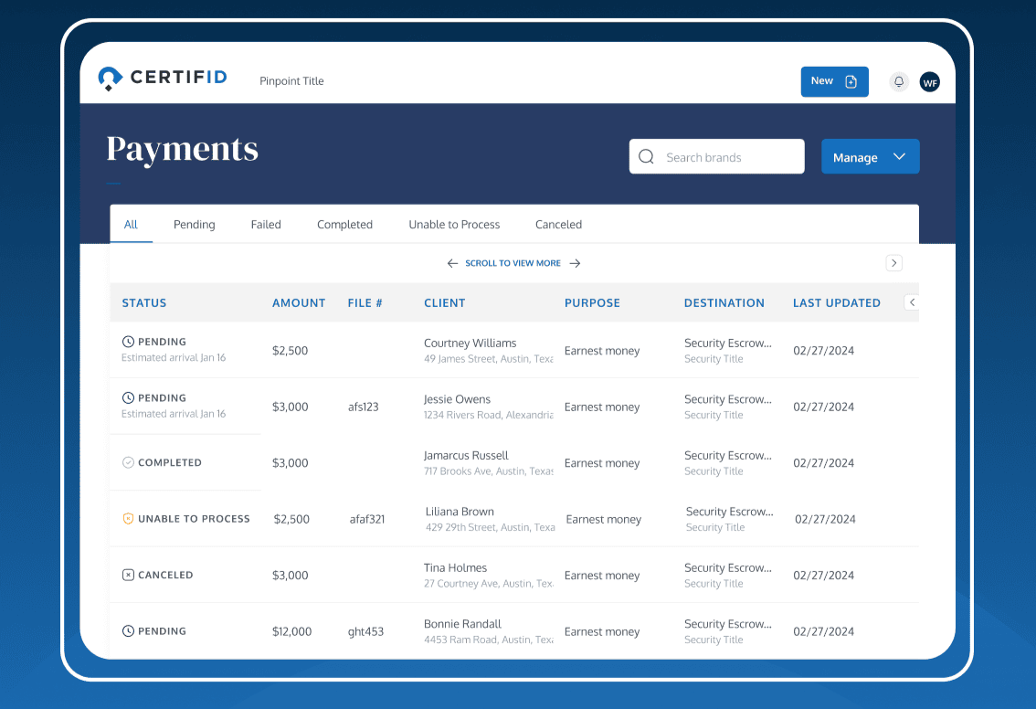 Screenshot of the CertifID payments dashboard listing earnest money transactions by status, amount, file number, client, and destination escrow account.