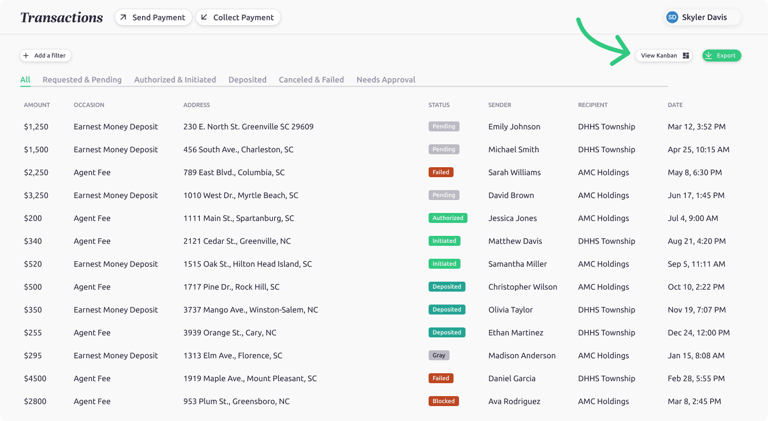 Screenshot of the Earnnest transactions dashboard listing earnest money deposits and agent fees with sender, recipient, status, and date.