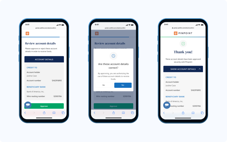 Three phone screens showing bank account verification in CertifID: reviewing the account holder and beneficiary bank details, confirming the details are correct, then a confirmation that the account has been approved securely.