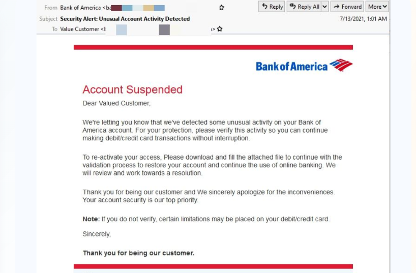 A phishing email impersonating Bank of America with the subject "Security Alert: Unusual Account Activity Detected." It claims the account is suspended, addresses the recipient as "Valued Customer," and pressures them to download an attachment to restore access.