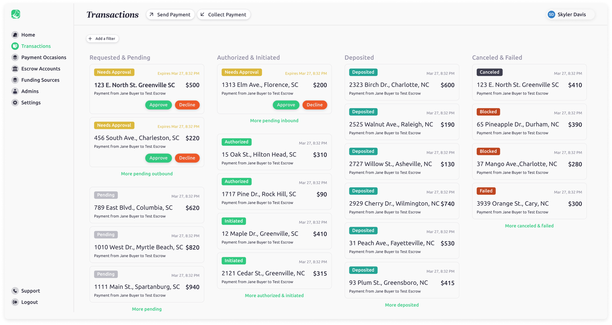 The Earnnest transactions dashboard, with earnest money payments sorted into four columns: requested and pending, authorized and initiated, deposited, and canceled and failed.