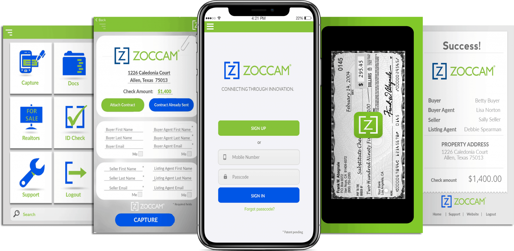 Zoccam app screens showing the main menu, a deposit form with the property address and check amount, a sign-in screen, a captured check image, and a confirmation listing the buyer, seller, agents, property address, and a $1,400 check amount.