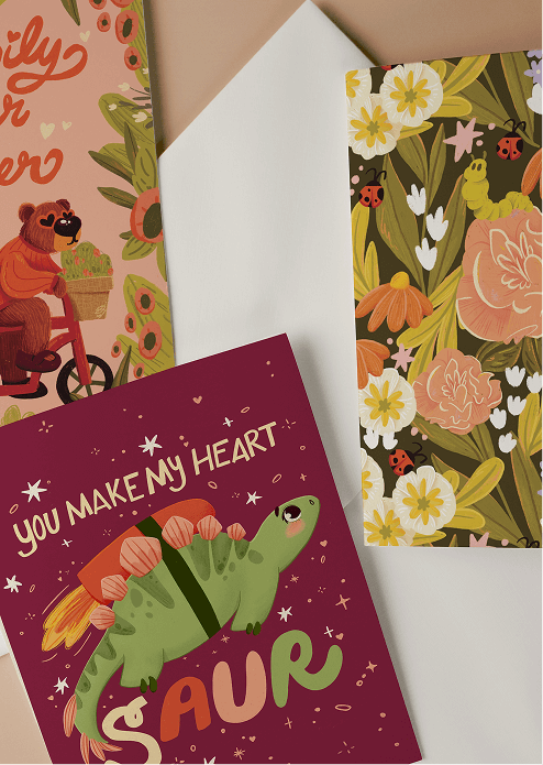 3 Greeting cards on a pink surface