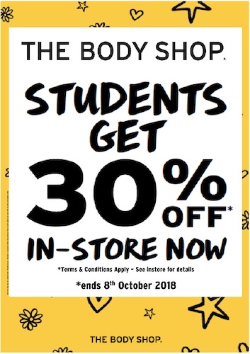 The Body Shop - 30% discount for Students for in-store shopping