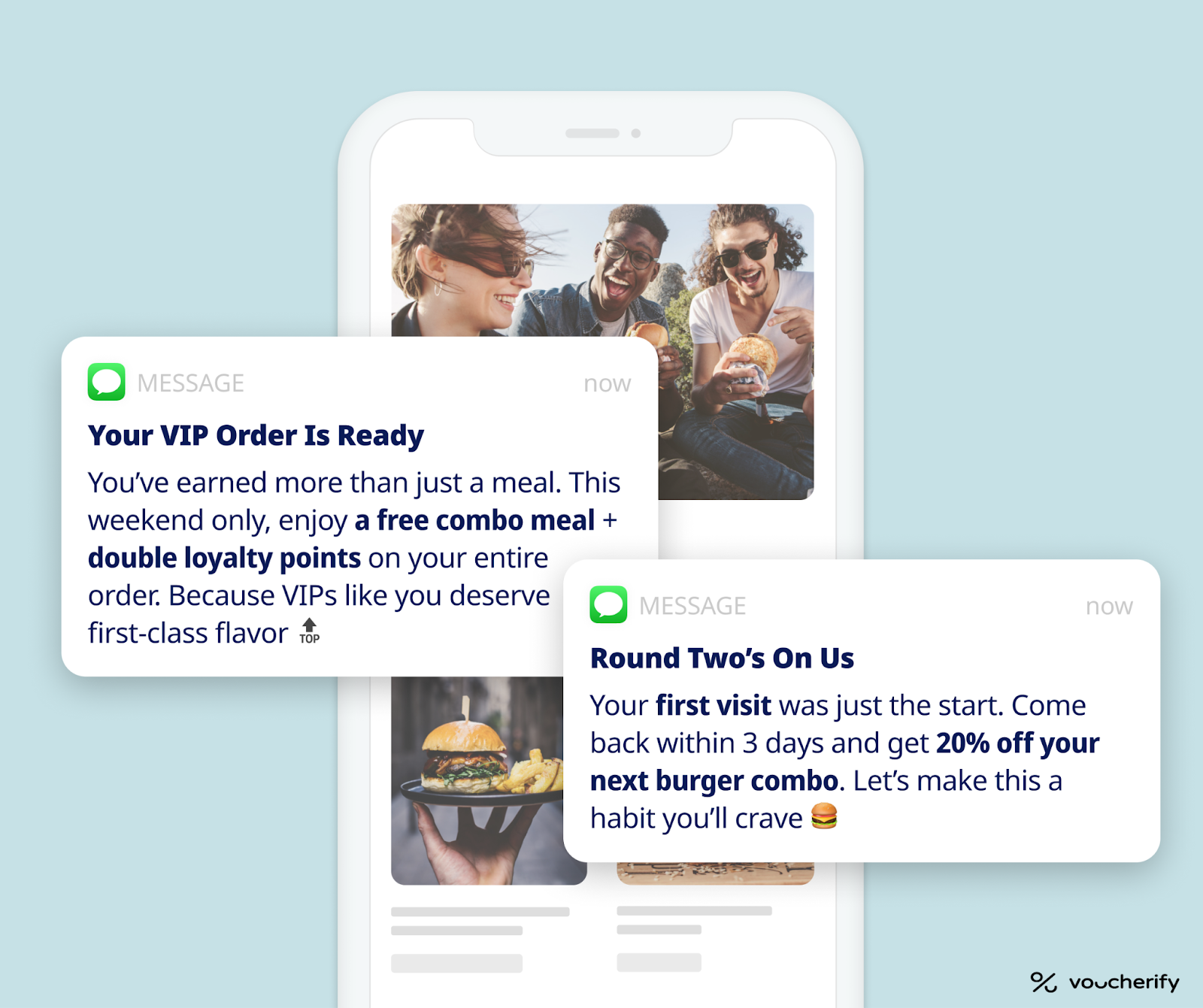Personalized loyalty program notifications for VIP and first-time customers in a quick-service restaurant offering free meals, double points, and discount incentives.