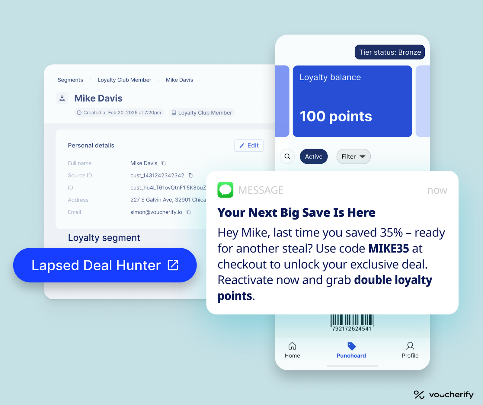 Example of a loyalty segment profile with personalized SMS offer for a lapsed deal hunter customer using promo code and double loyalty points to encourage reactivation.