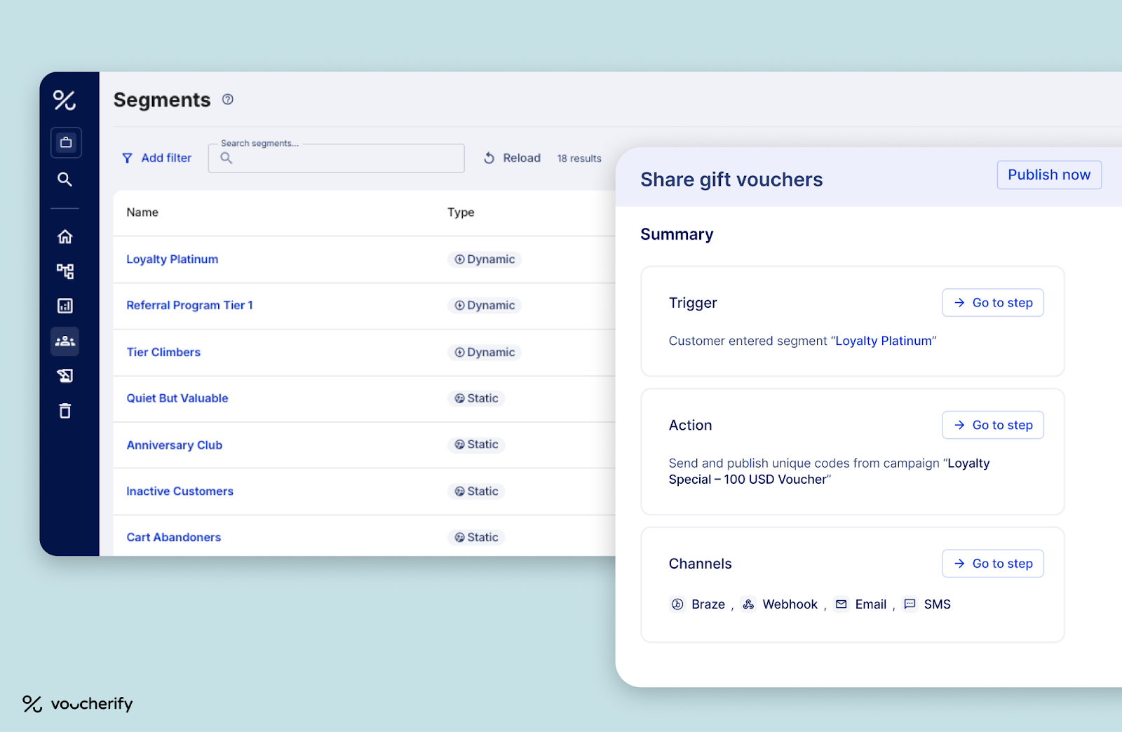 Voucherify dashboard displaying static and dynamic customer segments with automated promotion triggers for targeted loyalty campaigns.