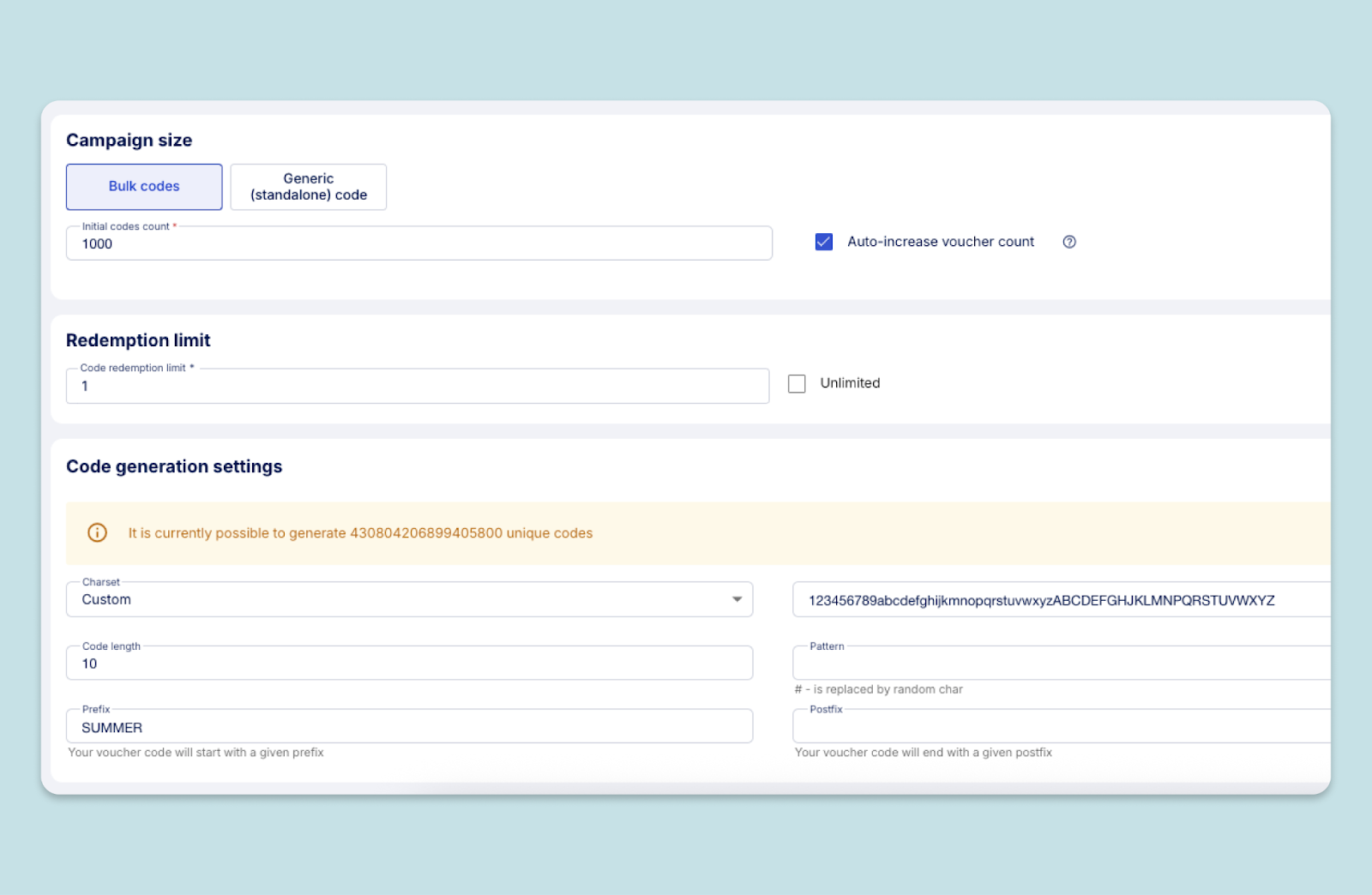 Voucherify campaign setup screen showing options for campaign size, redemption limits, and code generation settings.