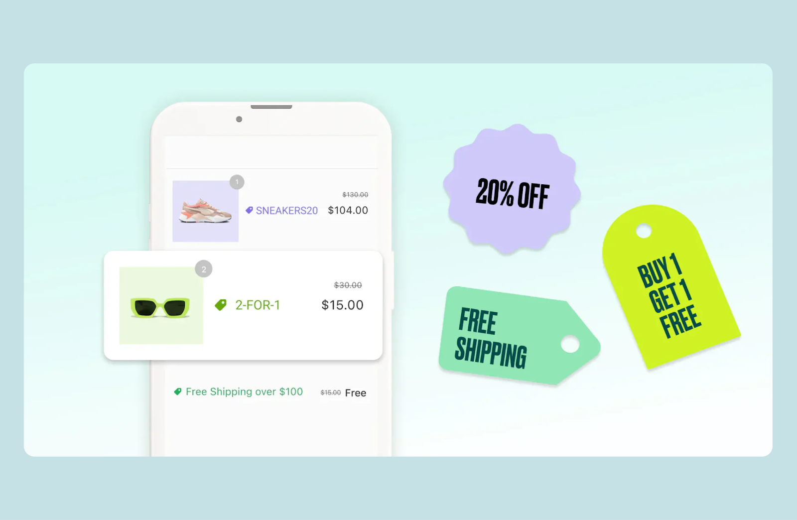 Shopify Plus discount code examples – percentage off, BOGO, free shipping, and amount-based promotions in checkout cart.