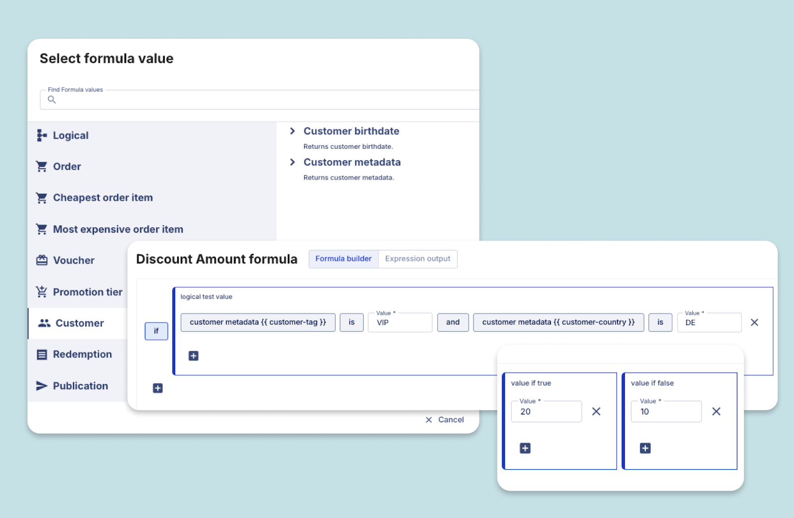 Shopify Plus advanced promotion engine – Voucherify discount formula builder using customer metadata and conditional rules for personalized coupons.