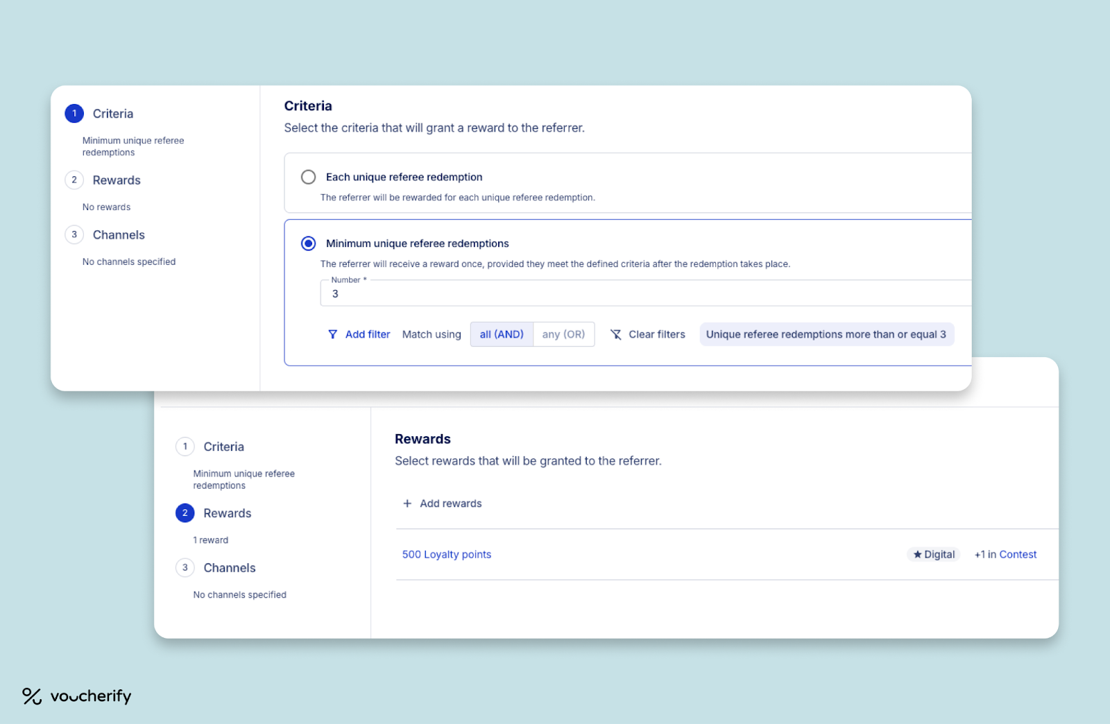 Referral milestone setup with multi-step reward logic in Voucherify for Shopify Plus.