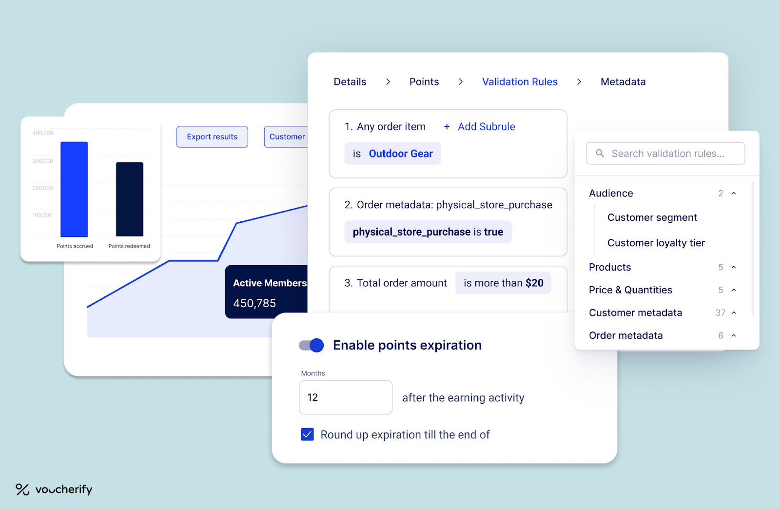 Voucherify loyalty rule builder interface showing automated promotion rules, metadata-based conditions, and loyalty points expiration setup for Shopify Plus.
