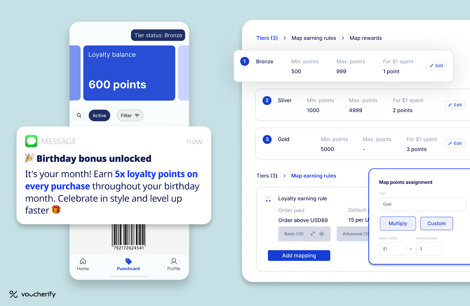 Tier-based loyalty points and birthday multiplier configuration in Voucherify dashboard for Shopify Plus.