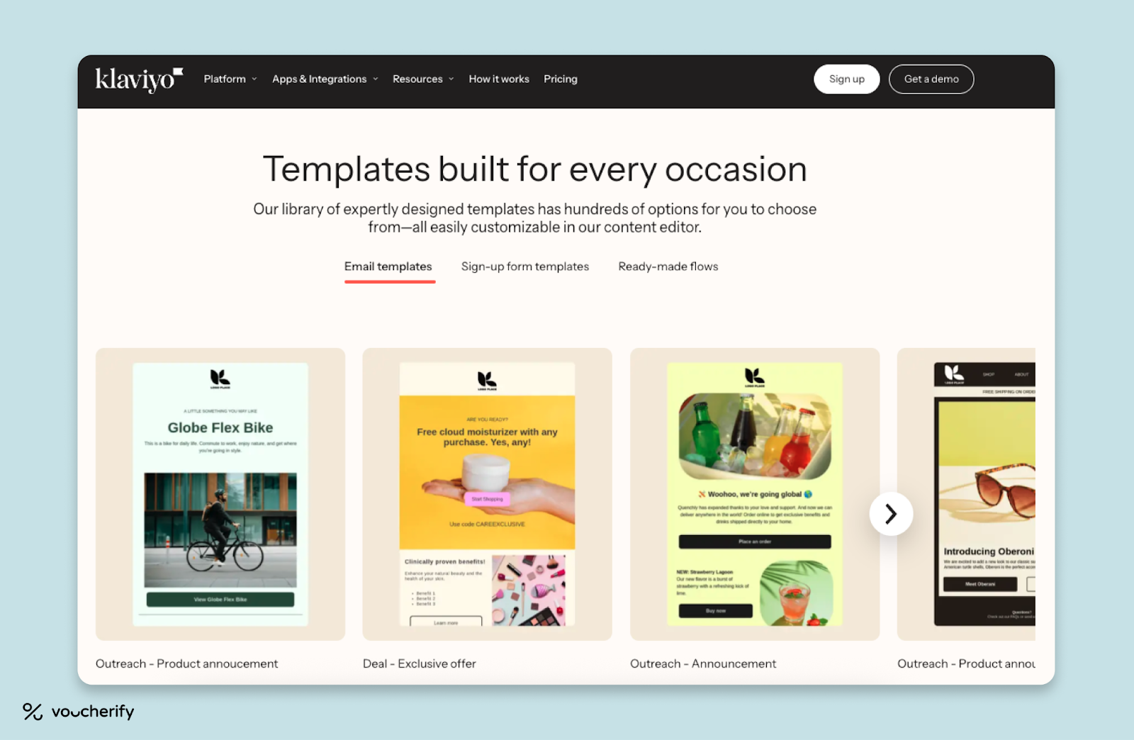 Klaviyo’s template library displaying email campaign designs for promotions, deals, and product announcements, ready to plug into Shopify loyalty flows.