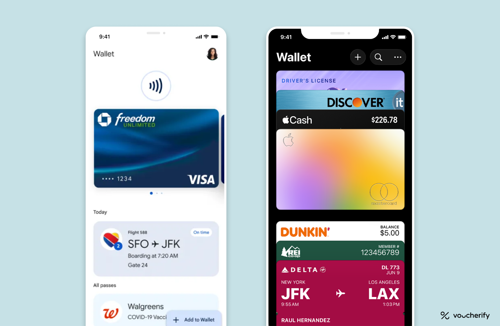 Apple Wallet and Google Wallet on iPhone showing digital loyalty cards, coupons, boarding passes, and payment cards like Dunkin’ rewards and Delta.