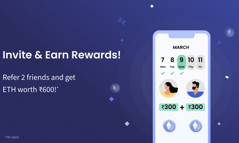 CoinDCX referral program showing the reward for 2 referrals