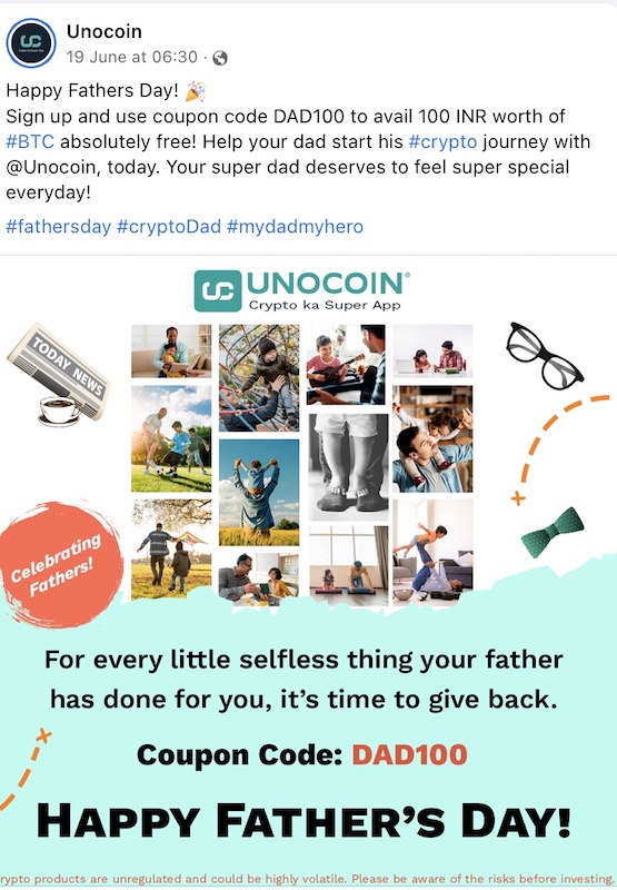Unocoin Father's Day discount coupon
