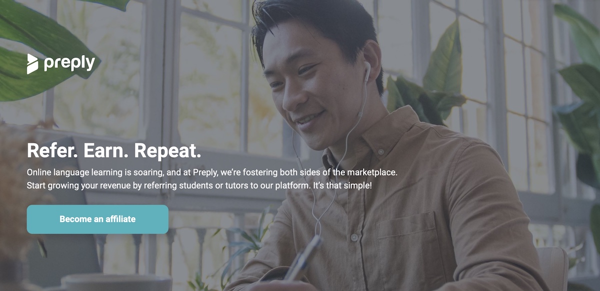 The homepage of Preply affiliate program website with a "Refer Earn. Repeat." catchphrase.