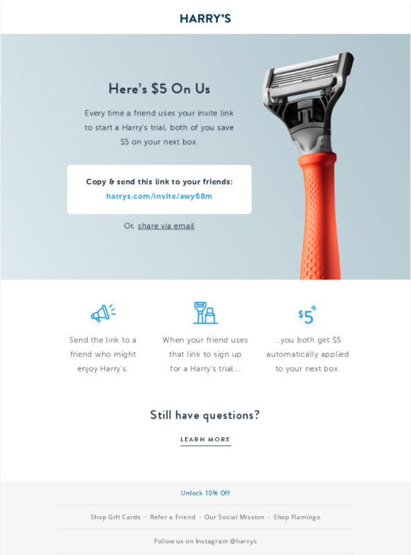 Referral email from Harry's