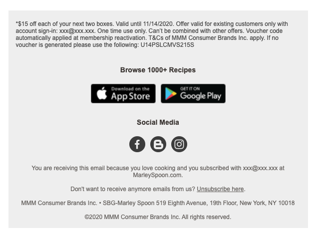 Martha and Marley Spoon reengagement promotion terms & conditions