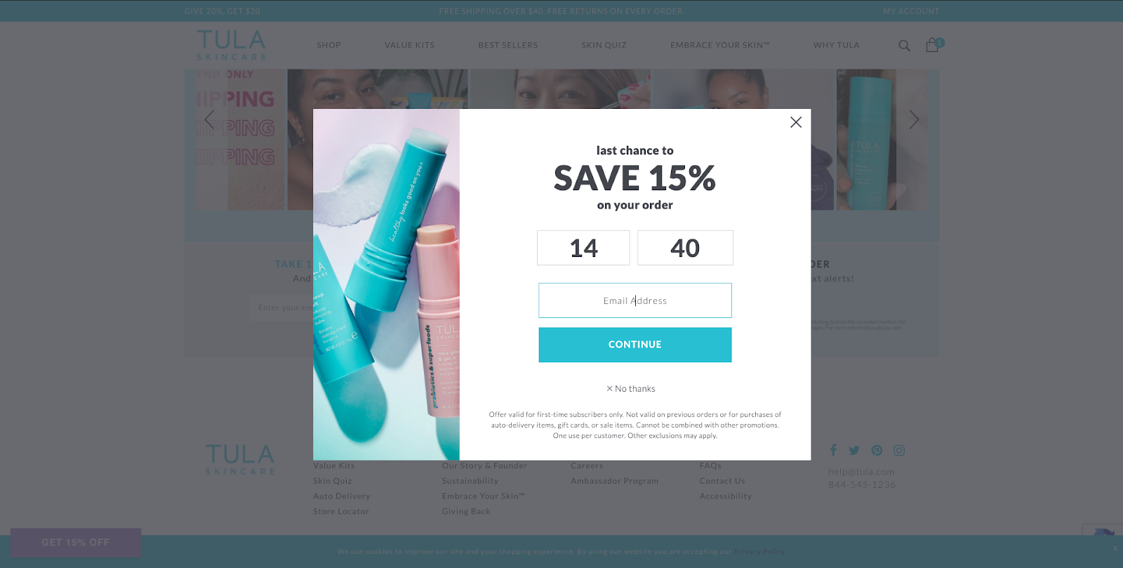 Tula coupon pop-up example