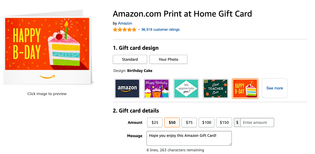 Amazon prewritten gift card message