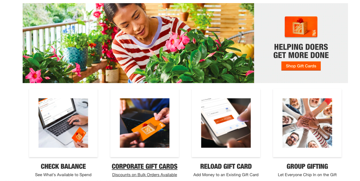 Home Depot gift card type selection
