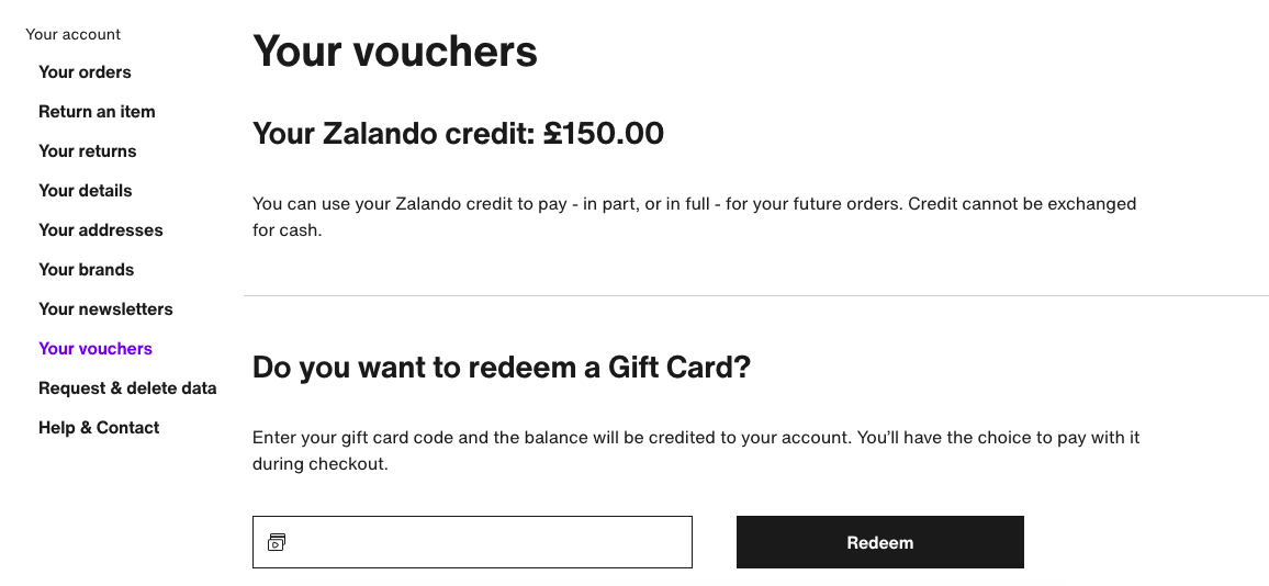 Zalando card redemption
