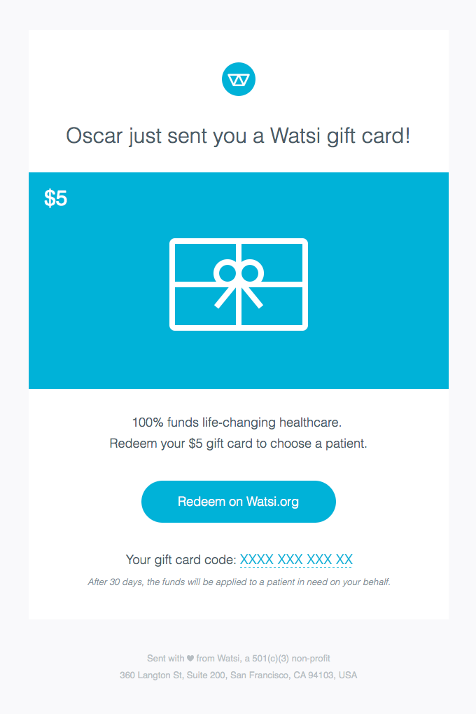 Watsi gift card email