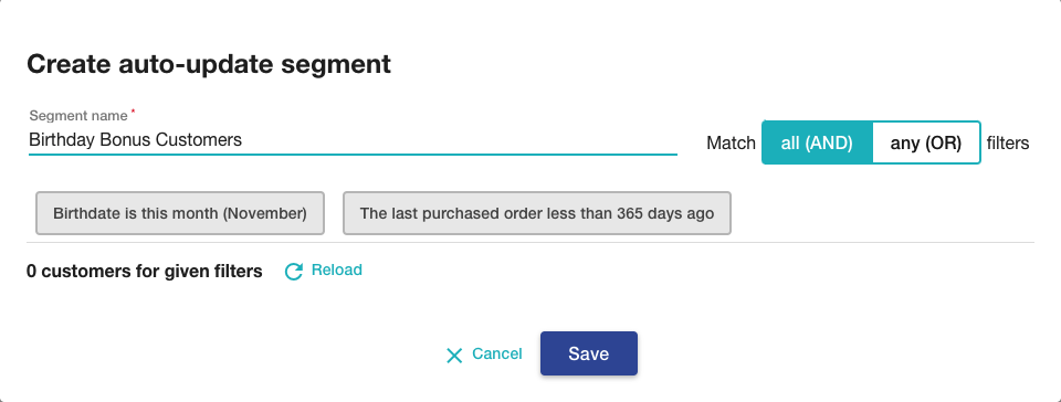 Segment for birthday customers