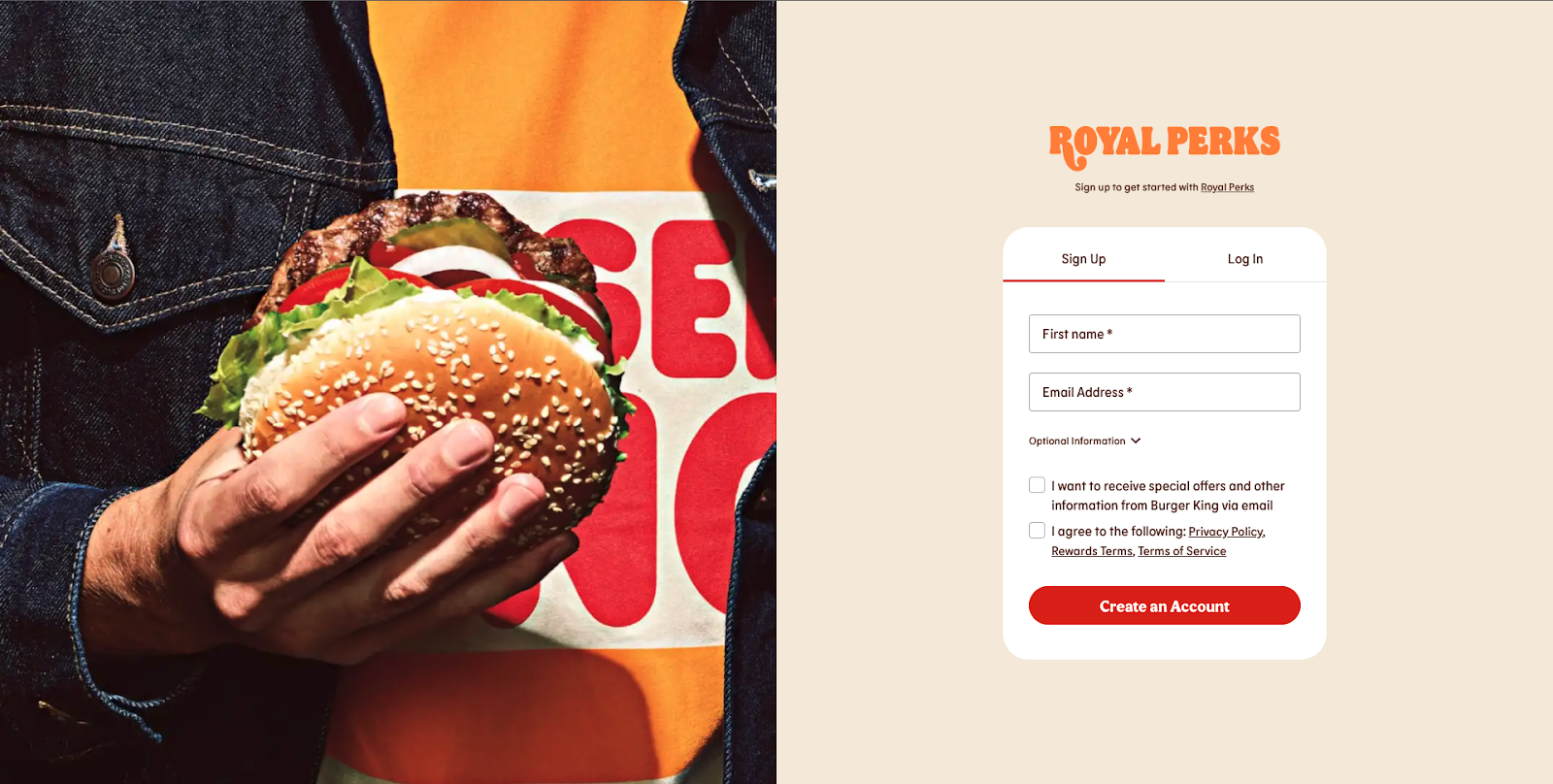 Burger King loyalty program joining form